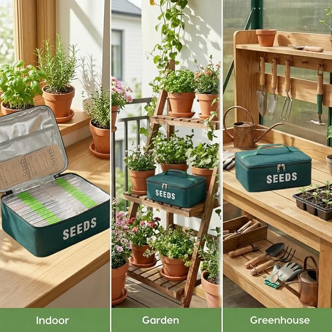 22 Slots Seed Storage Organizer Box with 30 Seed Envelopes & 84 Labels, Large Capacity Seed Packet Organizer Case, Waterproof Oxford Fabric Seed Vault Container for Garden Seed Organizer, Green