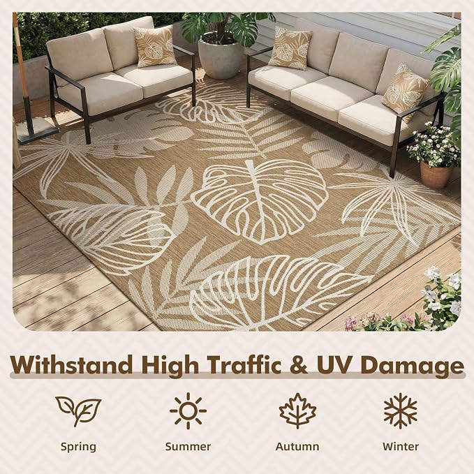 MontVoo-Outdoor Rug-Patio Rug 6x9 ft Polypropylene Indoor Outdoor Rugs Outdoor Carpet for Patio Deck Balcony Porch, Textured Weave, Durable for High Traffic, Fade-Resistant, Tropical Neutral Brown
