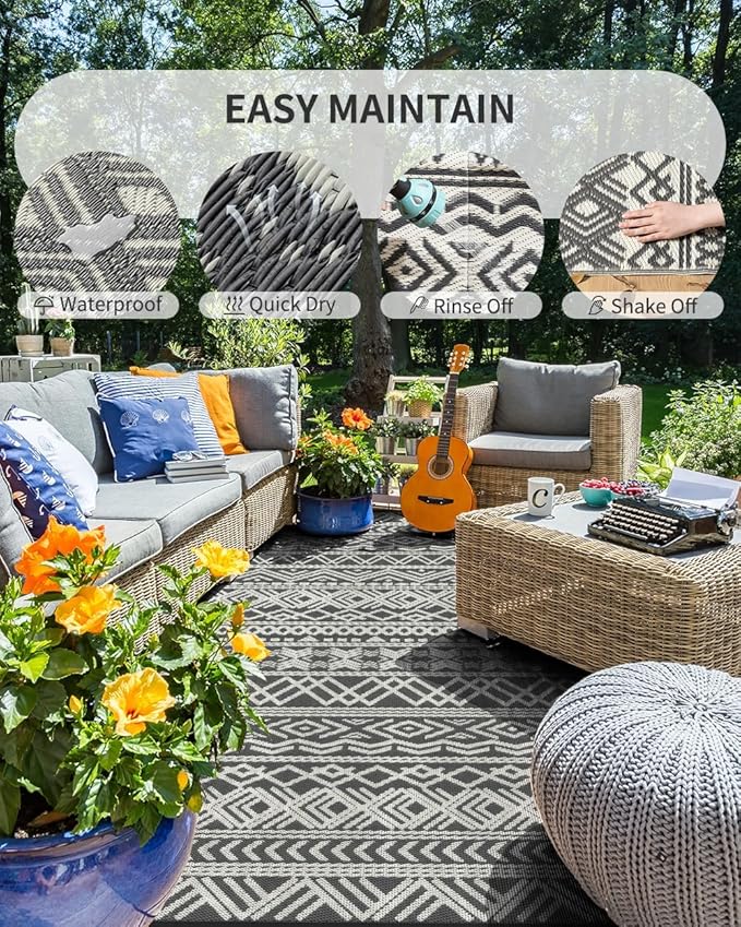 MontVoo Outdoor Rug Carpet Waterproof 10x14 Outdoor Patio Rug Mat Reverisble Plastic Straw Outdoor Rugs for RV Camping Picnic Beach Balcony Boho Grey Large