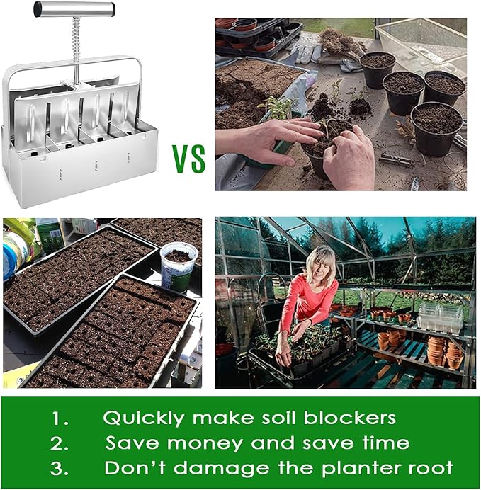 Upgraded Soil Blocker Handheld, 8 Soil Block Maker for Seed Starting, 2 inch Manual Quad Soil Blockers Maker, Soil Blocking Tool, Soil Blocker Kit