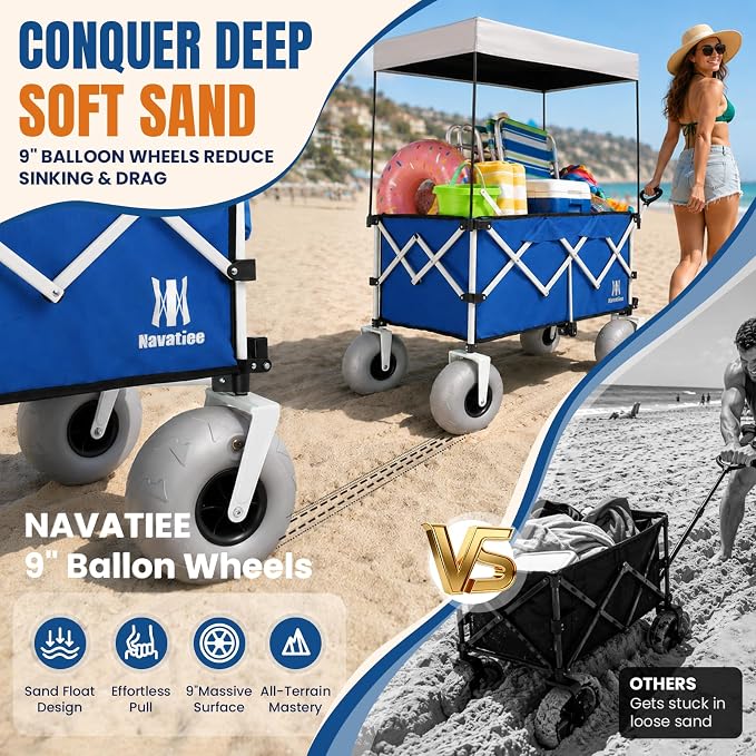 Navatiee Beach Wagon with Big Balloon Wheels for Sand, 200L Extra Large Beach Cart with Canopy, 440Lbs Heavy Duty Folding Wagon Collapsible with 9" Tires & Side Pocket for Beach, Outdoor, Blue