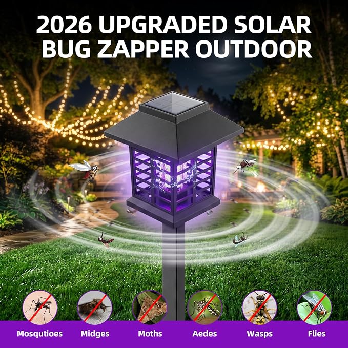 2026 Solar Bug Zapper Outdoor Waterproof Mosquito Repellent Outdoor Patio Mosquito Trap & Killer for Garden, Backyard, Farm, Solar Powered Fly Zapper for Small Flying Insect, Flies, Gnats, Moths(4)