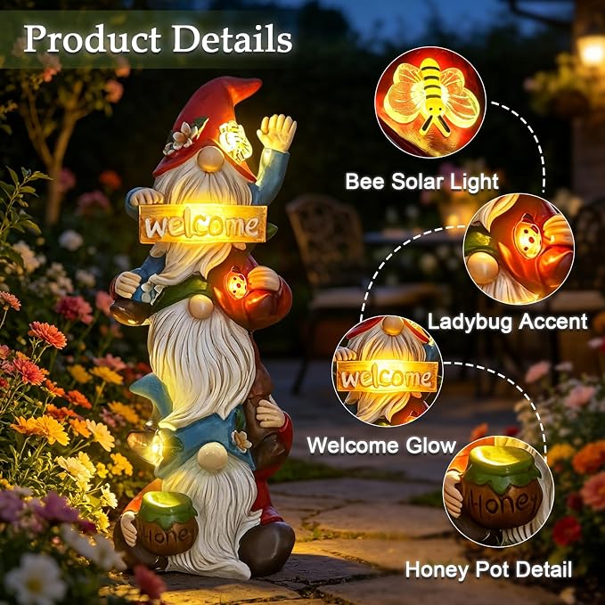 Garden Gnome Statue Solar Lights, Funny Faceless Triple Gnomes Sculptures Spring Decorations Outdoor Porch Patio Lawn Yard Art Balcony Home Decor Figurine, Birthday Gifts for Woman Mom Grandma