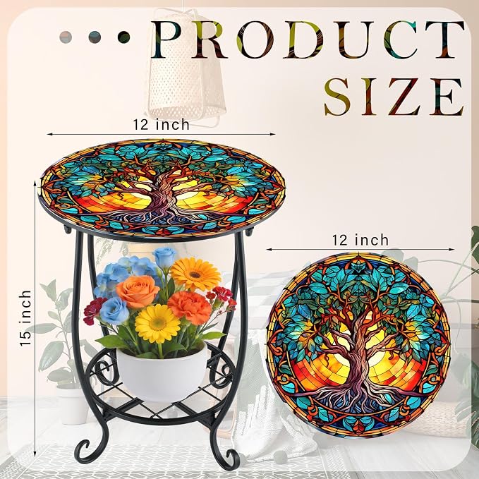 Cinnvoice Outdoor Side Table Round Small Mosaic Patio Accent Indoor End Plant Coffee Tea Table for Yard Patio Porch Garden Living Room, Bedroom(Tree of Life Style,12 Inch)