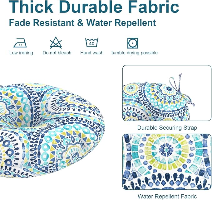 DYTXIII Set of 2 Outdoor Round Chair Cushions 15"x15"x4" with Ties, Water Repellent Tufted Bistro Seat Cushions, Thick Patio Chair Pads for Bar Stool, Garden & Dining Furniture - Blue Lagoon