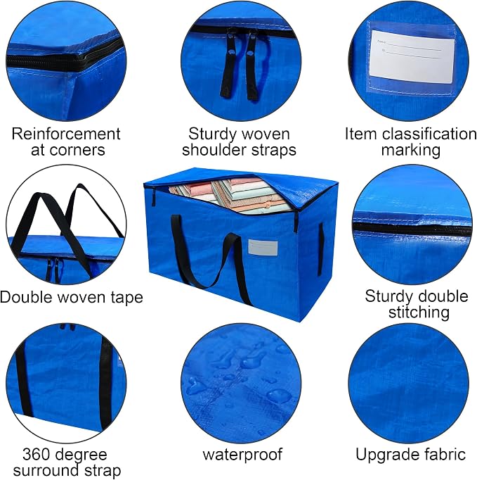 STARPYNG-Large Blue Zippered PE Storage Bag (Blue, 26X13X15inch) with Handles, Foldable Organizer for Clothes, Toys, Books, Travel & Home Organization, Multi-Purpose Tidy Solution
