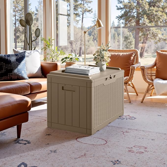 JUMMICO 100 Gallon Resin Deck Box with Cushion, Waterproof Outdoor Storage Box with Lockable Lid for Garden Tools, Patio Cushions (Light Brown)