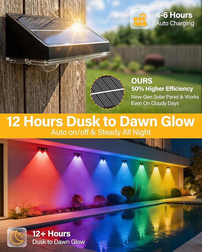 Solar Fence Lights Outdoor, 2 Pack Ultra-Bright 85LM Fence Lights Solar Powered, 9 RGB Color Modes, IP65 Waterproof, 12H Dusk to Dawn Glow for Pool/Deck/Patio/Wall/Backyard - Black