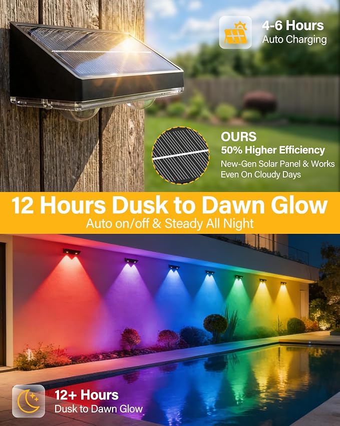 Solar Fence Lights Outdoor, 12 Pack Ultra-Bright 85LM Fence Lights Solar Powered, 9 RGB Color Modes, IP65 Waterproof, 12H Dusk to Dawn Glow for Pool/Deck/Patio/Wall/Backyard - Black