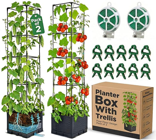 2 Pack Tomato Planter with Trellis 56 Inch, Self Watering Planter Box with Trellis, Vertical Raised Garden Bed Planter for Climbing Vegetables Indoor Outdoor Patio