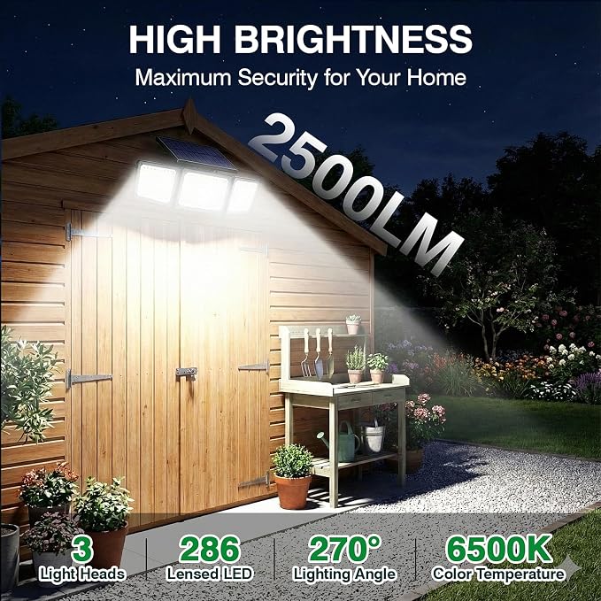 Solar Outdoor Lights Motion Sensor, 2500LM 286 LED Security Flood Lights with Visual Battery & Mode Display, 3 Lighting Modes, IP65 Waterproof 3-Head Wide Angle for Garage, Yard, Patio (6 Pack)