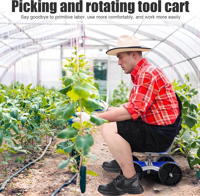 Rolling Garden Work Seat with Wheels - Adjustable Height Gardening Stool for Planting, 360° Swivel Rolling Gardens Cart with Seat,Tool Storage Tray,Garden Chair for Outdoor, Patio and Yard