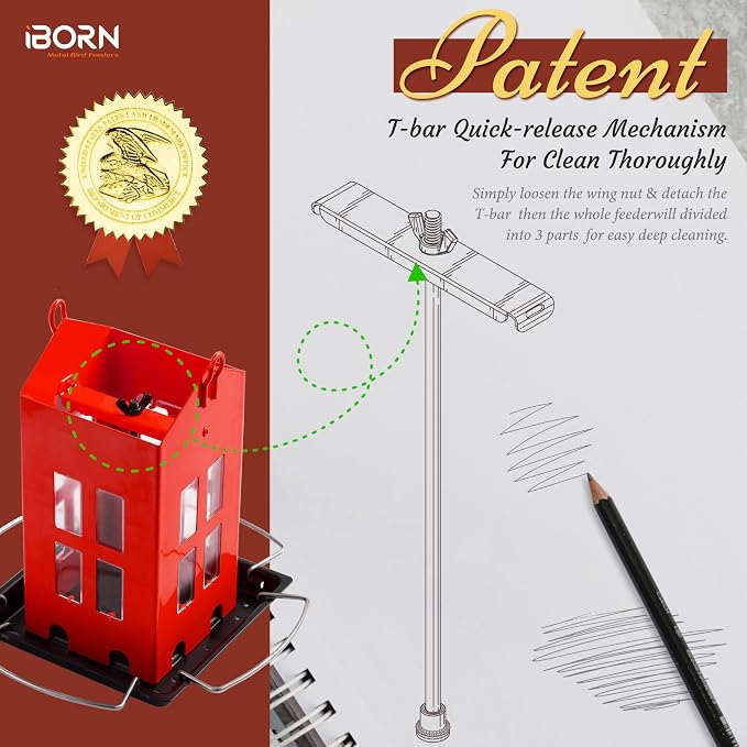 iBorn Bird Feeder House, Metal Bird Feeders for Outdoors Hanging,Double-Sided Metal Hanger & Weatherproof, Easy to Clean & Refill, 2.2 Lbs Capacity, Red