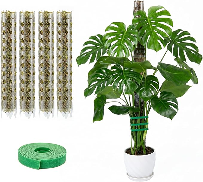 Plastic Moss Pole Kit for Climbing Plants,4Pack 12Inch Stackable Refillable Plant Support with Large Mesh Design,Sphagnum Moss Pole for Monstera Indoor Plants,Complete Set with Garden Ties