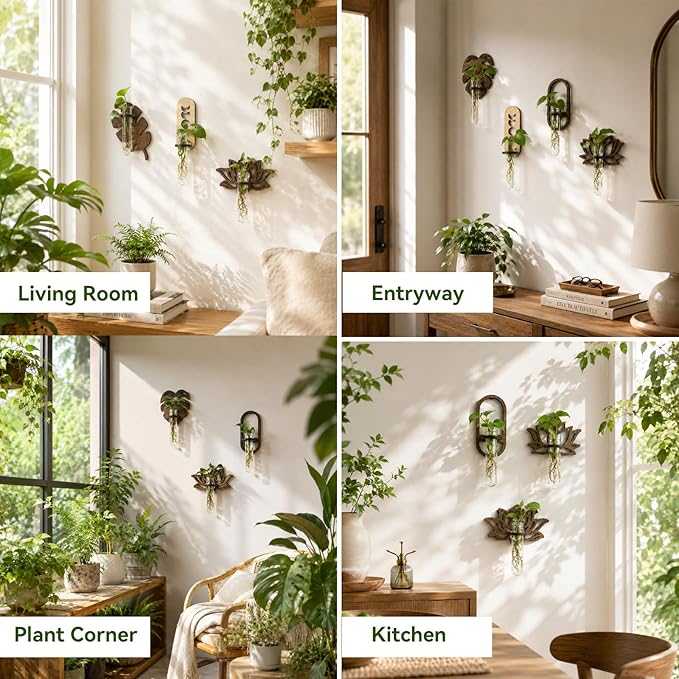Artilady Plant Propagation Station 2 Pack Wall Hanging Plant Terrarium Holder with Test Tube Wood Window Planter Indoor Decor for Living Room Bedroom Kitchen (Oval)