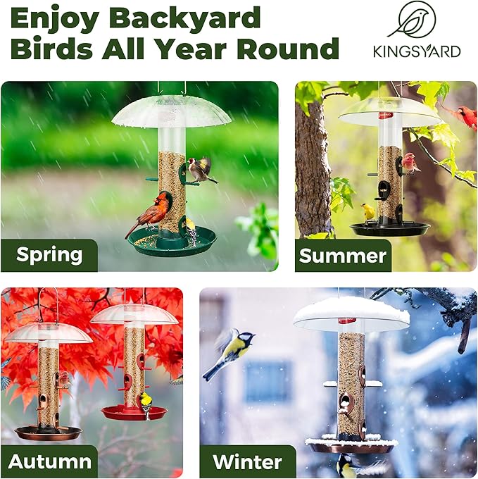 Kingsyard Metal Bird Feeders for Outdoors Hanging, Wild Bird Feeder with Large 11.5" Protective Dome and 8" Removable Tray, 3 lb Seeds Capacity (Antique Copper)