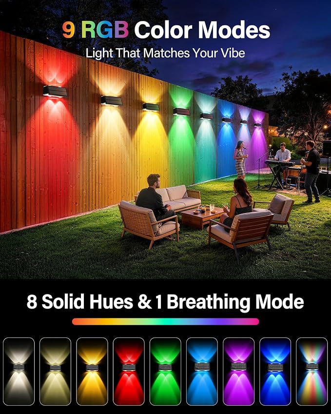 Solar Fence Lights Outdoor, 12 Pack 100LM Fence Lights Solar Powered Waterproof, 9 Color Modes, Up & Down LED Focused Beam, 12H Dusk to Dawn Glow for Pool/Patio/Wall/Backyard - Black