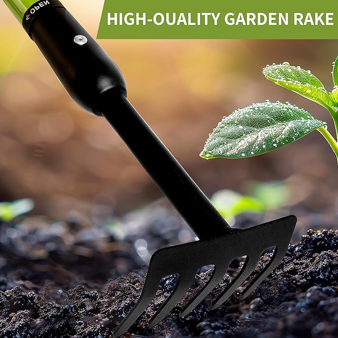 Garden Rake, Small Rake for Gardening, Telescopic Adjustable Handle 27 to 39 Inches, Mini Rake for Tight Spaces, Flower Beds, Pots, No Bending, Elderly Friendly, Non-Slip Grip,Lightweight Hand Rake