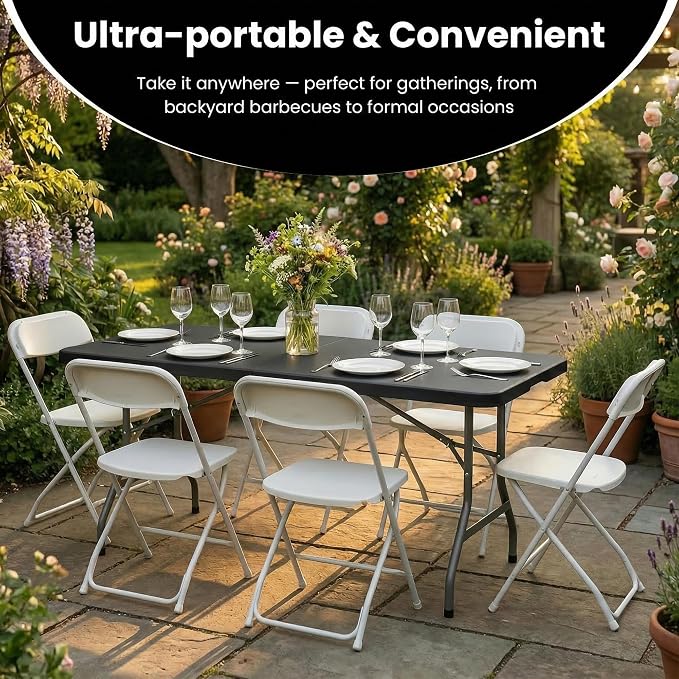 10 Pack of 8 Foot Foldable Table with Built in Handle & Steel Legs, 8FT Portable Heavy Duty Plastic Folding Tables for Parties, Dining, Wedding, Events, Picnic, Indoor & Outdoor, Camping, Utility