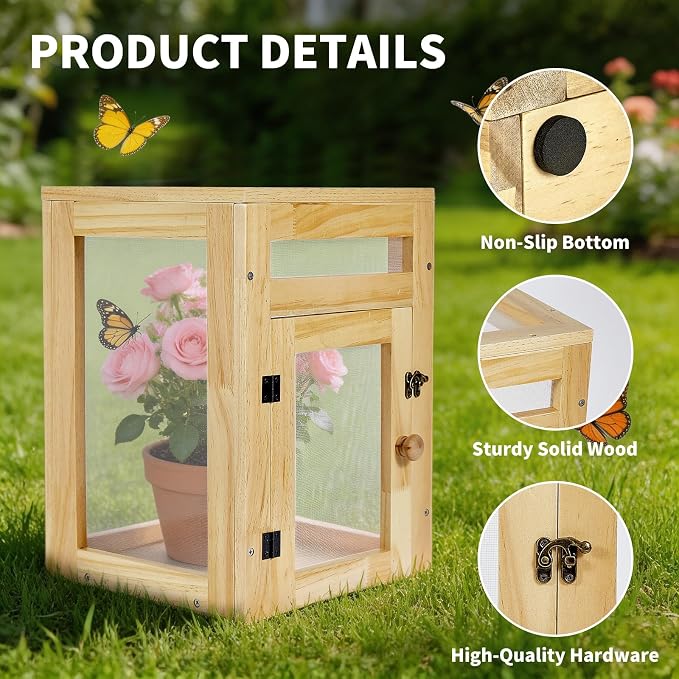 Wooden Butterfly Habitat Cage Kit, 15.75 Inch Monarch Caterpillar Habitat, Mesh Butterfly Enclosure for Raising Butterflies, Insect Observation House for Kids, Classroom, Garden