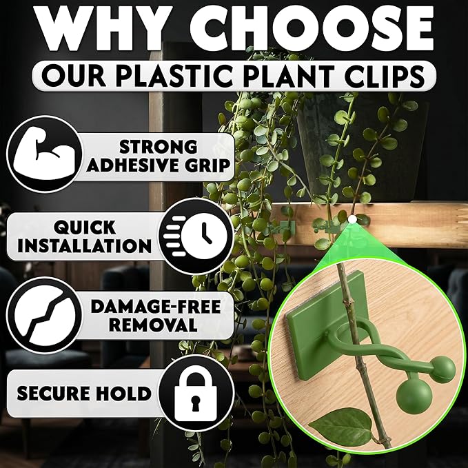 100 Pcs Plant Clips for Climbing Plants - Plant Wall Clips, Green Self-Adhesive Vine Wall Clips for Pothos, Ivy, String of Hearts, Indoor Outdoor Plant Support Hooks, No-Nail Climbing Plant Holder Set