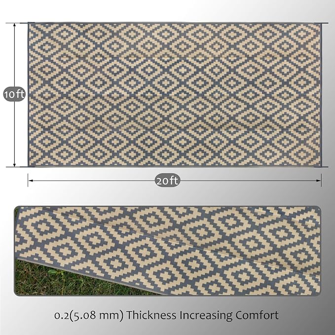 SAND MINE Reversible Mats, Plastic Straw Rug, Modern Area Rug, Large Floor Mat and Rug for Outdoors, RV, Patio, Backyard, Deck, Picnic, Beach, Trailer, Camping (10' x 20', Grey Tan Lattice)