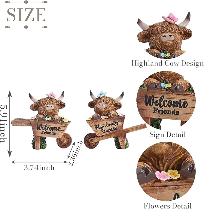 TERESA'S COLLECTIONS Garden Decor, Set of 2 Cute Highland Cows Sitting in Cart Garden Decor, Waterproof Resin Garden Statue, Highland Cows Gift, Garden Gift for Women Mom, Indoor/Outdoor