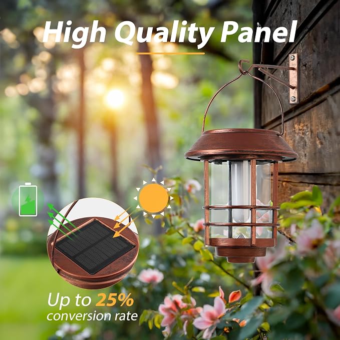Otdair Solar Lanterns Outdoor Waterproof, 2 Pack Flickering Flames Wall Garden Decor , Hanging Solar Lights Wall Mount Decorations for Halloween, Front Porch, Patio, Yard, Bronze
