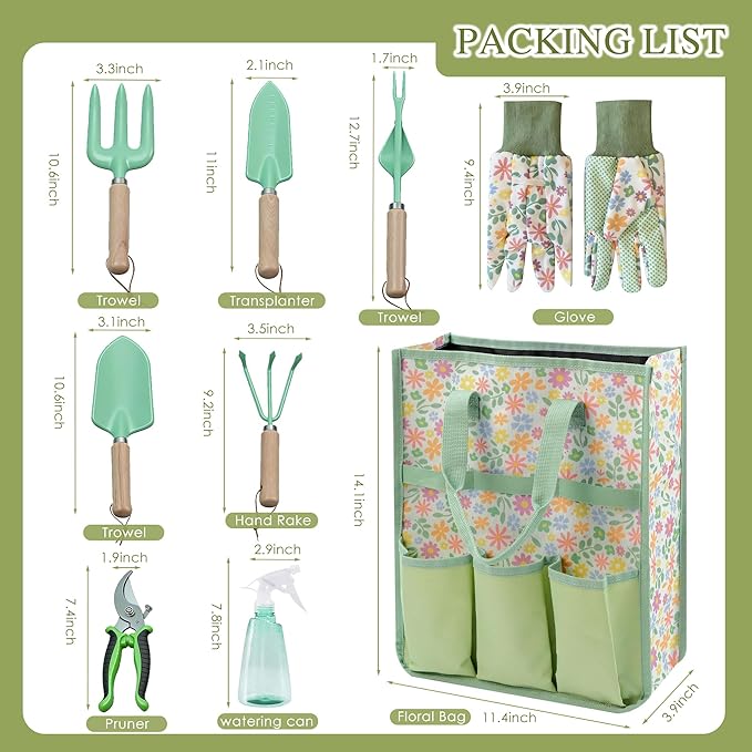 Gardening Tools 9-Piece Heavy Duty Gardening Hand Tools Set (Green), Stainless Steels and Reinforced Garden Supplies Kit, Durable Flower Garden Tools Organizer Handbag, Ideal Garden Gifts for Women