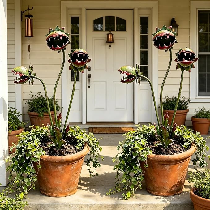 Orgone Whimsical Metal Carnivorous Plant Garden Stake, 25 Inch Large Venus Flytrap Monster Plant Sculpture, Durable Yard Art for Patios Planters Flower Beds Unique Quirky Garden Gift (2PCS B)
