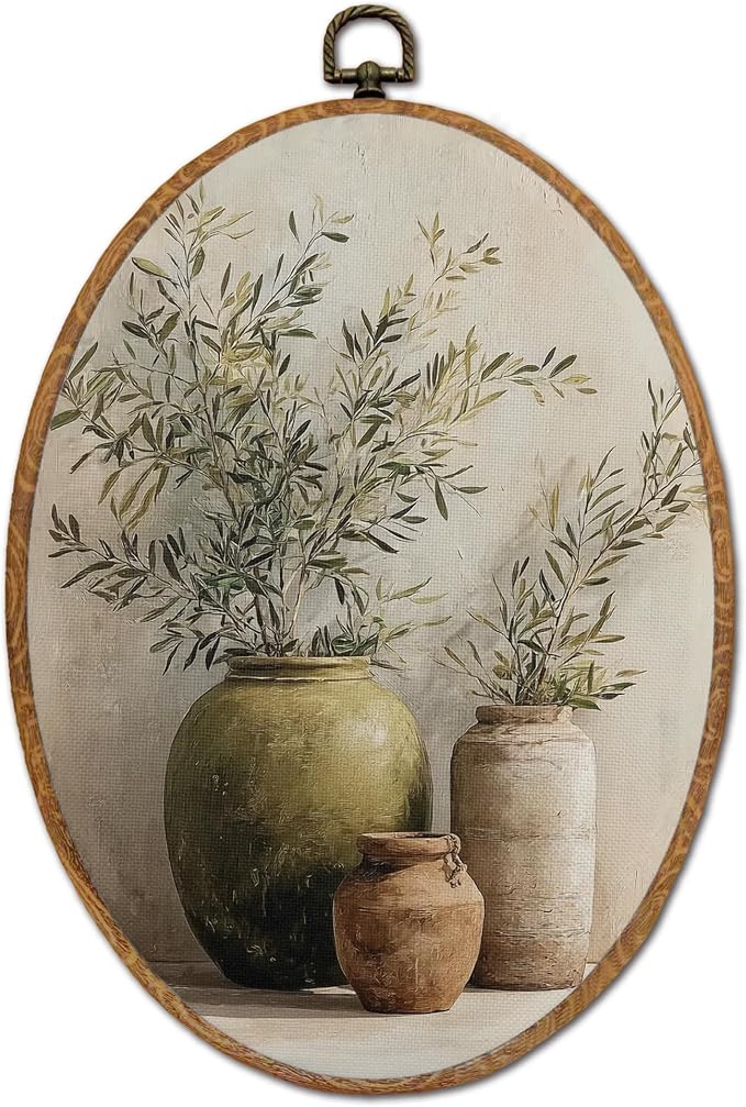 DOFQZ Vintage Olive Branch Oval Wall Art Decor, Neutral Modern Organic Framed Wall Art, Cottagecore Olive Tree Walls Hanging Decor for Farmhouse Kitchen Home, 8.5x11.5 Inch