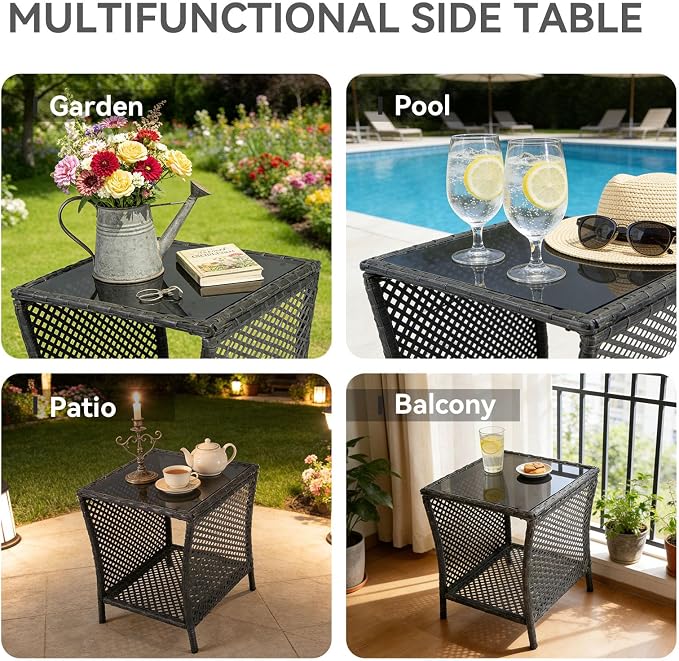 Outdoor Side Table - Patio Rattan End Table with Square Glass Tabletop, Wicker Outdoor Side Table with Extra Storage Shelf for Garden, Backyard, Porch, Silver Gray