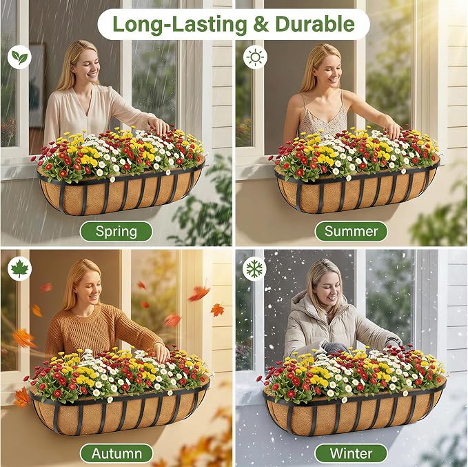 30 Inch Window Deck with Coco Liner, 30" Window Boxes Horse Trough with Coconut Coir Liner, Fence Metal Hanging Flower Planter Window Basket Deck Railing Planter Boxes for Outdoor Garden Lawn, 4pcs