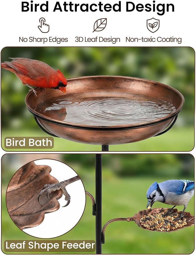 Metal Bird Bath for Outside - Stable Copper Birdbath with Thickened 5-Prong Base | Windproof Heavy Duty Bird Feeder for Garden, Removable Bowl, Rust-Resistant