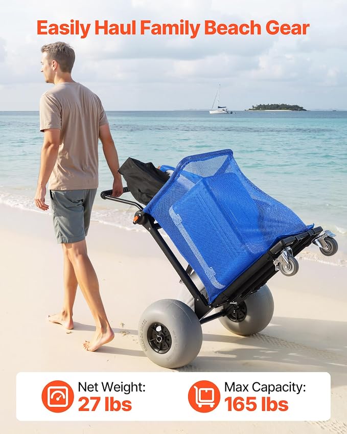 VEVOR Beach Cart with Large Wheels for Sand, 165 lbs Load Capacity, Heavy Duty Folding Beach Wagon with 12" Balloon Wheels, Storage Bag, 180° Adjustable Handlebar, Dolly for Camping Fishing Garden