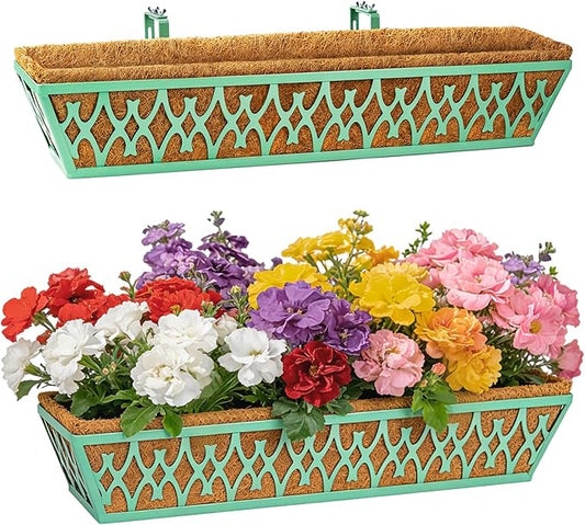 2 Pack 30 Inch Window Boxes Planters Railing Planter Box with Adjustable Brackets for Porch Fence Patio Balcony Hanging Flower Baskets with Coco Liners for Outdoor Garden Decor - Green