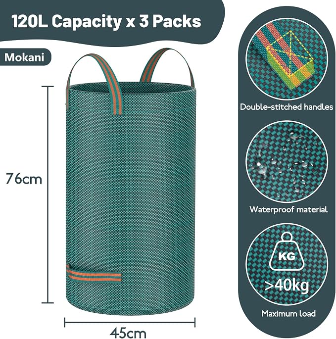 Mokani Reusable Yard Waste Bags, 32 Gallon Lawn and Leaf Bags 3 Packs, Heavy Duty Garden Bags with Reinforced Handles, Camping Yard Recycling Leaf Bag for Leaves