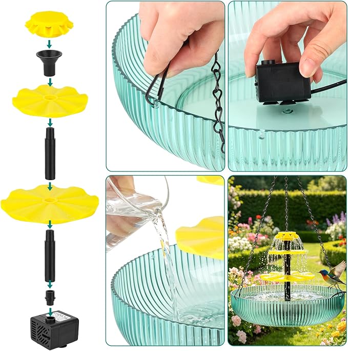 3-Tier Hanging Solar Cascading Bird Bath Fountain, 16.4FT/Extra Long Cord Solar Cascading Bird Bath Fountain for Garden Patio Yard Hummingbirds & Wild Birds