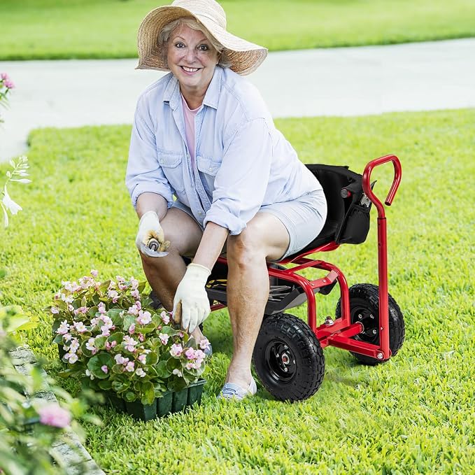 Garden Cart with Seat, Heavy-Duty Rolling Wagon Scooter with Wheels, Height Adjustable & 360° Swivel Seat, Storage Tray, Basket & Handle, Outdoor Gardening Work Seat for Patio Yard(Green)