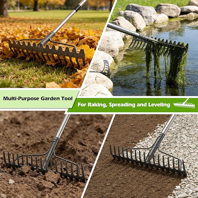 63" Bow Rake,Heavy Duty Metal Garden Rake for Moving Gravel Loosening Soil Leveling Ground Gathering Leaf Debris Spreading Mulch, 17 Tines,Adjustable Handle, for Lawn Garden Farm Landscape Work
