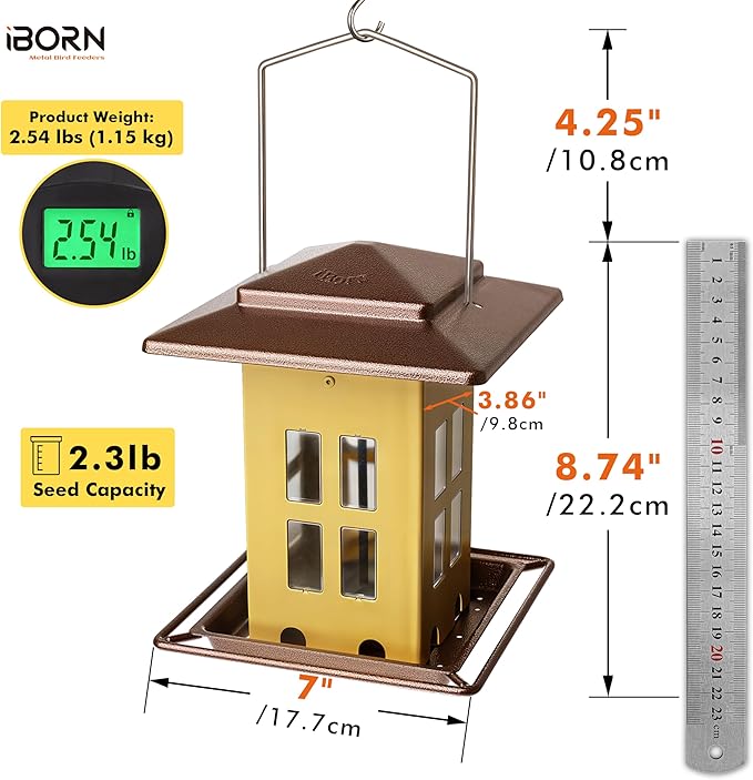 iBorn Bird Feeders for Outdoors, Metal Bird Feeder, Wild Bird Feeders for Cardinal, 2.4LBS Capacity,18cm Large Roof, Lantern Style, Black (Muted Yellow)