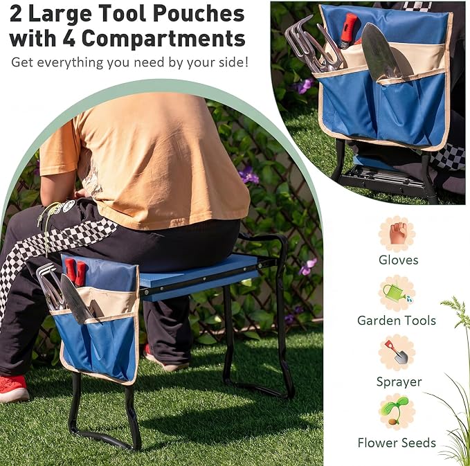 Giantex Garden Kneeler & Seat, Folding Gardening Stool, Portable Garden Bench with EVA Foam Pad, Heavy-Duty Metal Frame, Gardening Tool for Women Men Seniors, Holds 330 LBS, Blue (with 1 Bags)