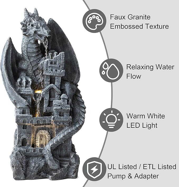 Glitzhome 37"H 4 Tiers Resin Waterfalls Water Fountain, Mystical Gothic Dragon Perched Atop The Castle Sculptural with Pump & LED Light Indoor Outdoor Floor Fountain for Garden Patio Backyard Decking