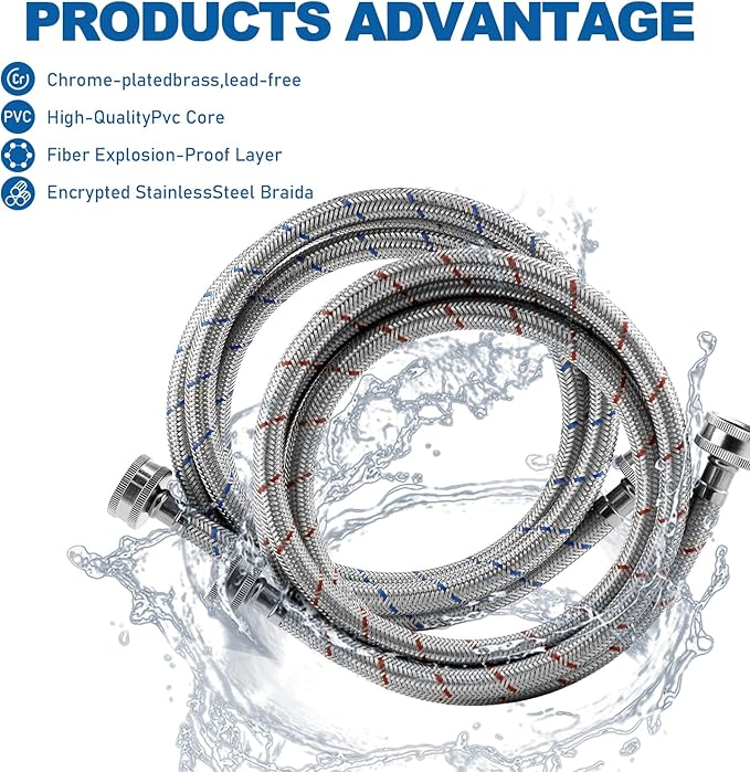 Washing Machine Hoses,Stainless Steel Washing Machine Hose 4ft -2 Packs Braided Premium Washer Hoses Supply Lines-washer hoses 4ft Hot and Cold Striped Water Connection