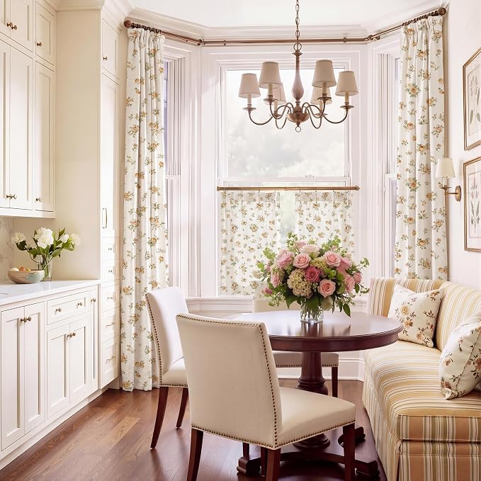 StangH Pinch Pleat Cafe Curtains 36 Inch Long Vintage Floral Linen Half Window Curtains for Kitchen/Bedroom,flowal Yellow,W26xL36,2 Panels（10 Plastic Hooks with 2 Extra）