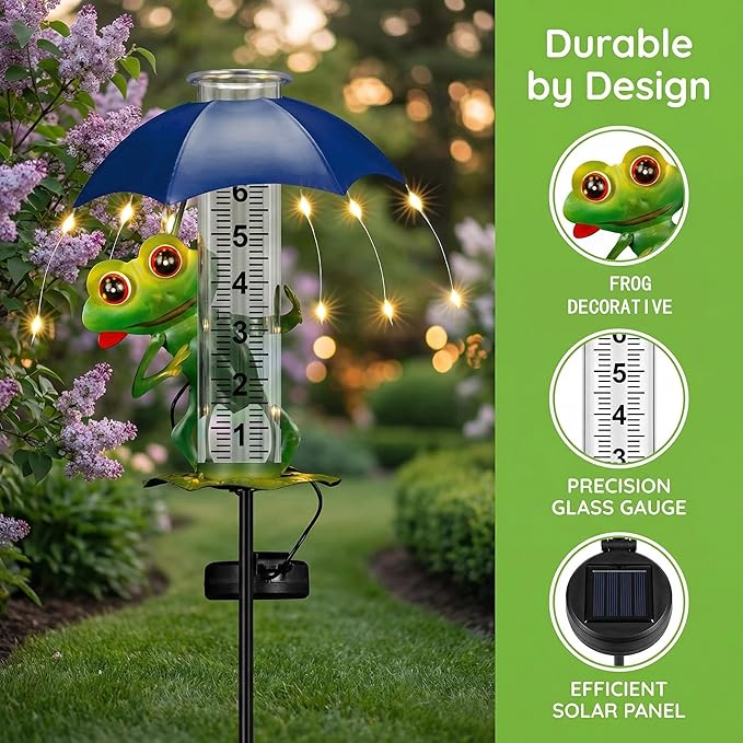 Rain Gauge Outdoor Solar Frog 7-Inch Glass Tube Rain Gauges with LED Lights for Yard Patio Garden Decor,Frog Design Decorative Weather Gauge for Garden, Yard, Lawn, Patio (Multiple Lights)