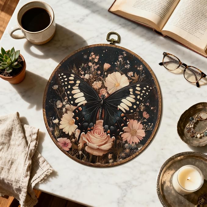 DOFQZ Vintage Dark Floral Butterfly Round Wall Art Decor, Moody Black Butterfly Framed Wall Art, Dark Academia Gothic Moth Canvas Wall Hanging Decor for Home Bedroom Living Room, 10x10