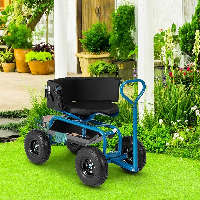 Garden Cart with Seat, Heavy-Duty Rolling Wagon Scooter with Wheels, Height Adjustable & 360° Swivel Seat, Storage Tray, Basket & Handle, Outdoor Gardening Work Seat for Patio Yard(Blue)