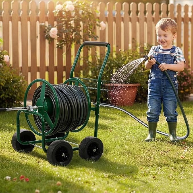 VINGLI 300FT 5/8in Garden Hose Reel Cart, 4-Wheel Portable Residential Hose Reel Cart, Hose Guide System with Storage Basket, Rust Resistant, for Family Yard, Garden and Farm (Green)