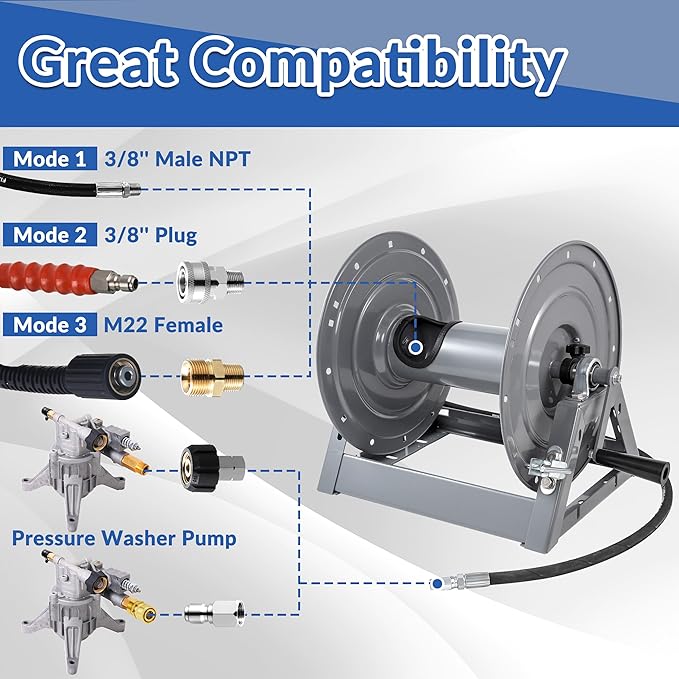 FIXFANS Pressure Washer Hose Reel, 300FT x 3/8" Heavy Duty Hose Reel, Manual Crank Power Washer Hose Reel with M22 Fitting, Wall/Floor/Truck Mounted, 4000 PSI